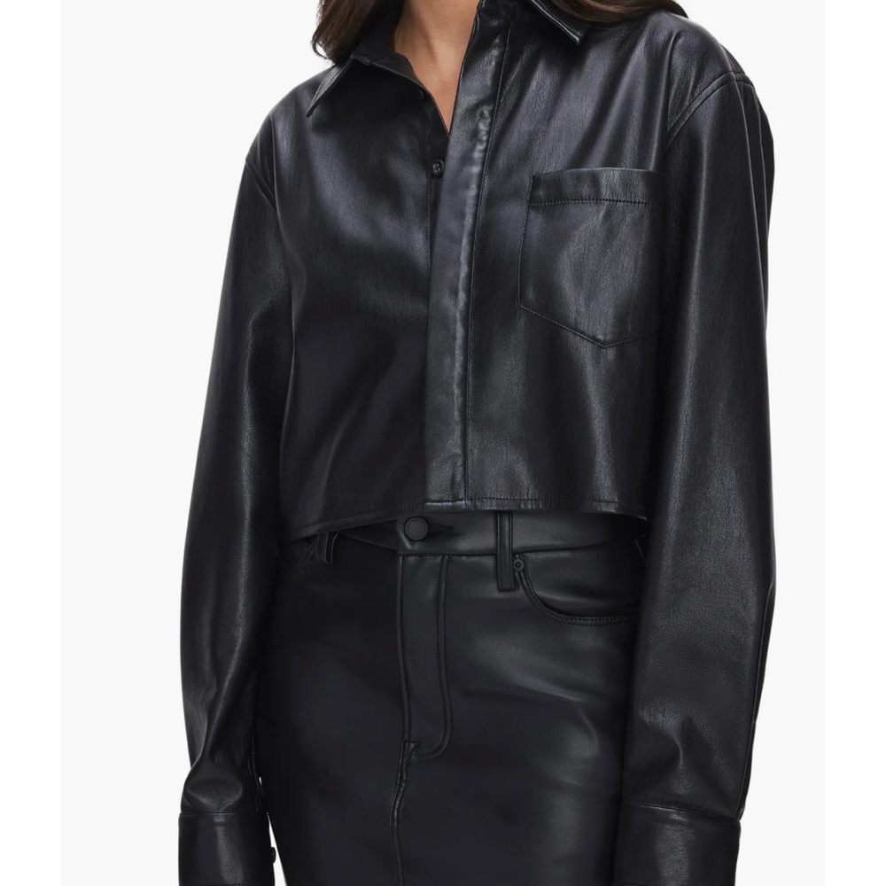Good American Women's Black Faux Leather Crop Button-up Shirt